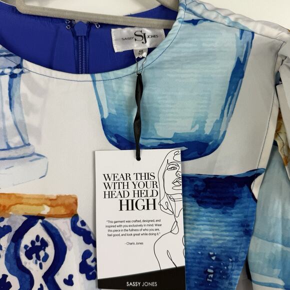 Sassy Jones New Zena Layered Cape Jumpsuit Small Blue Vase Print Puff Sleeve - Picture 5 of 16